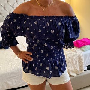 Navy blue eyelet off shoulder blouse